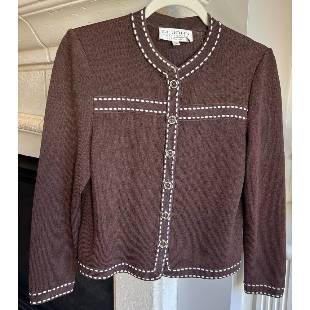 Vintage St. John Collection Marie Gray Brown Button Down Cardigan Sweater Sz 2